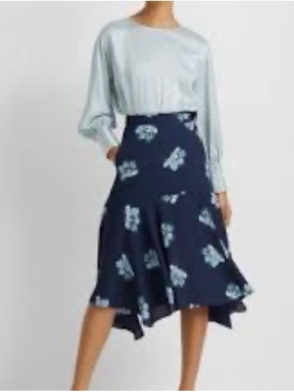 Club Monaco Blue Floral Wrap Midi Skirt Asymmetric Tie Accent Women's Size 0